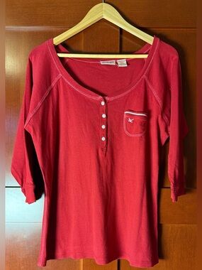 Y2K Energie Women's Red Henley With 3/4 Sleeves & Baby Striped Pocket Size 1X
